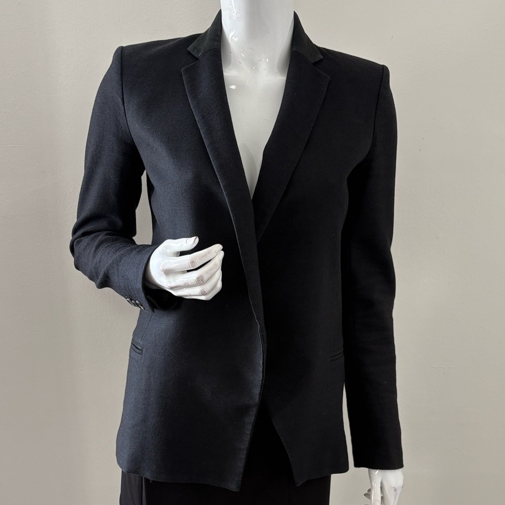 Helmut Lang Classic Black Linen Corporate Goth Interview Blazer Leather Lapel